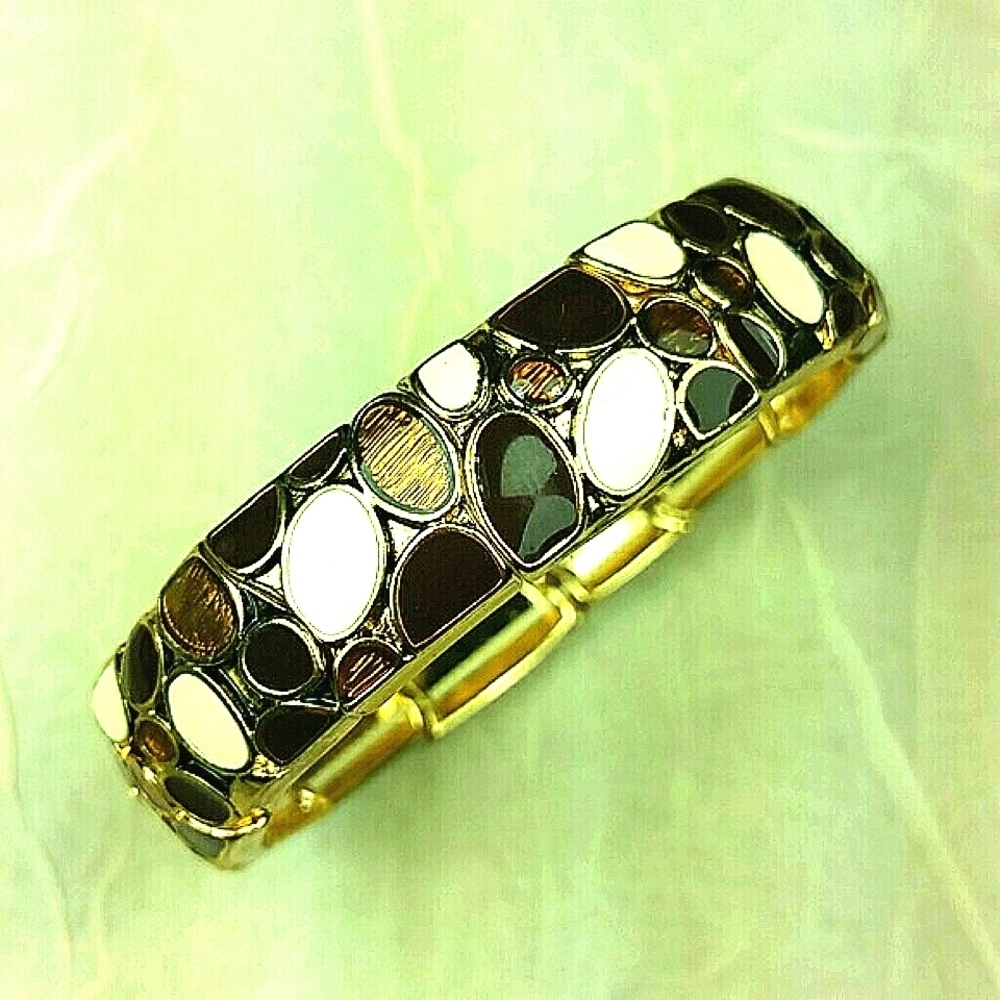 Boho Enamel Stretch Bracelet Black Brown White Gold Pebbled Mosaic Statement EUC